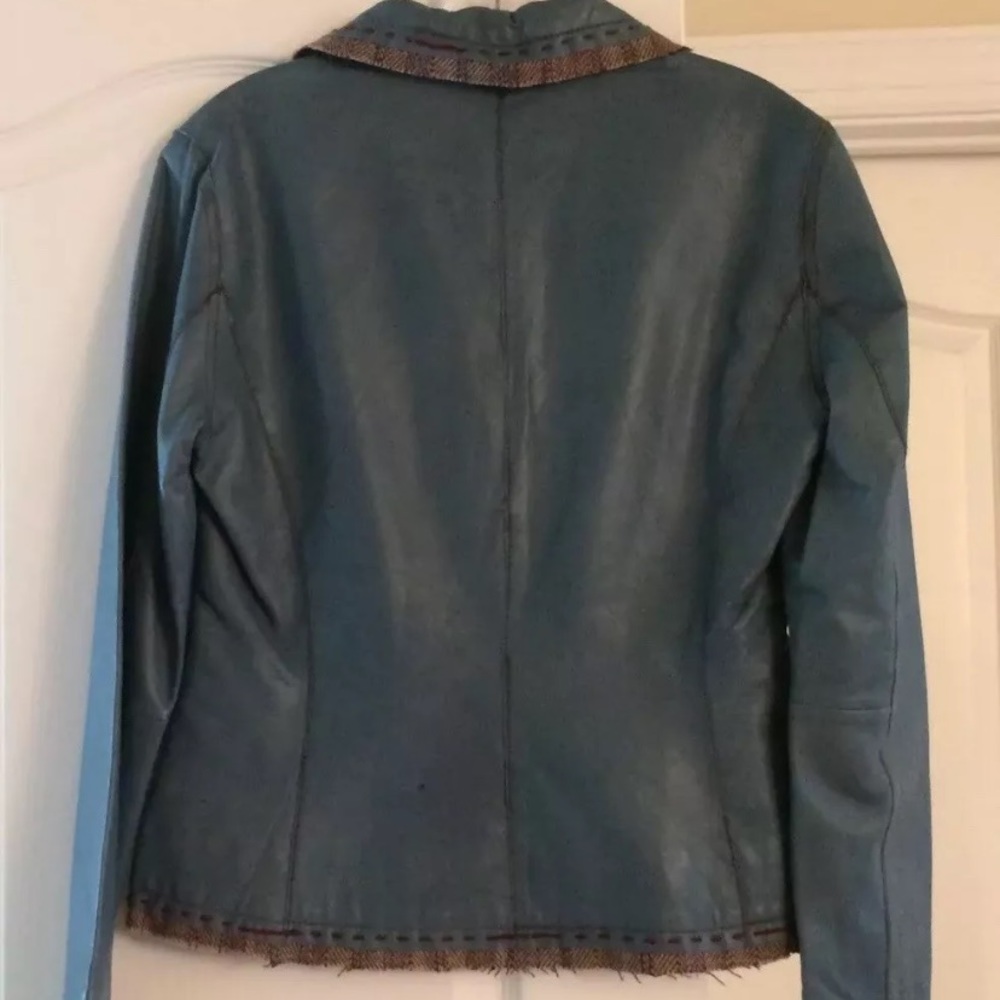 Blue Leather Jacket With Brown Thread Lining Small - Picture 2 of 11